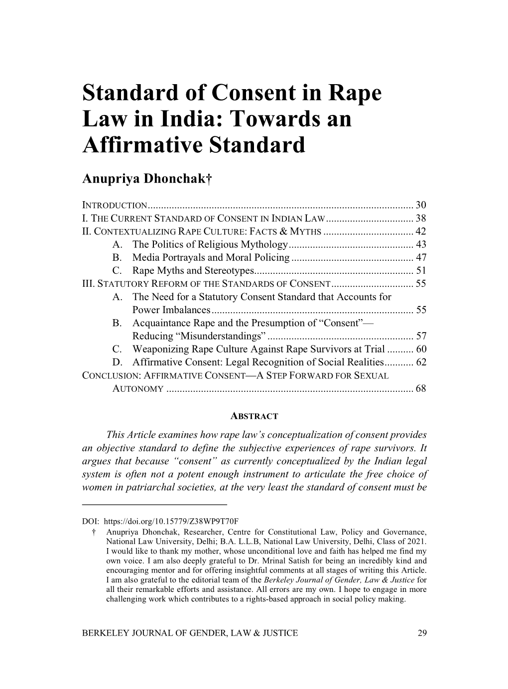 Standard of Consent in Rape Law in India: Towards an Affirmative Standard