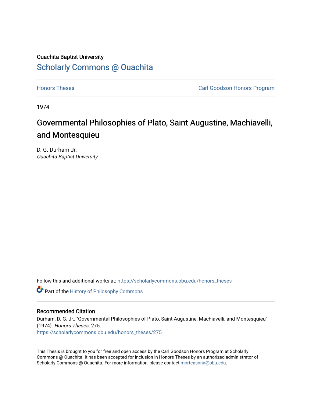 Governmental Philosophies of Plato, Saint Augustine, Machiavelli, and Montesquieu