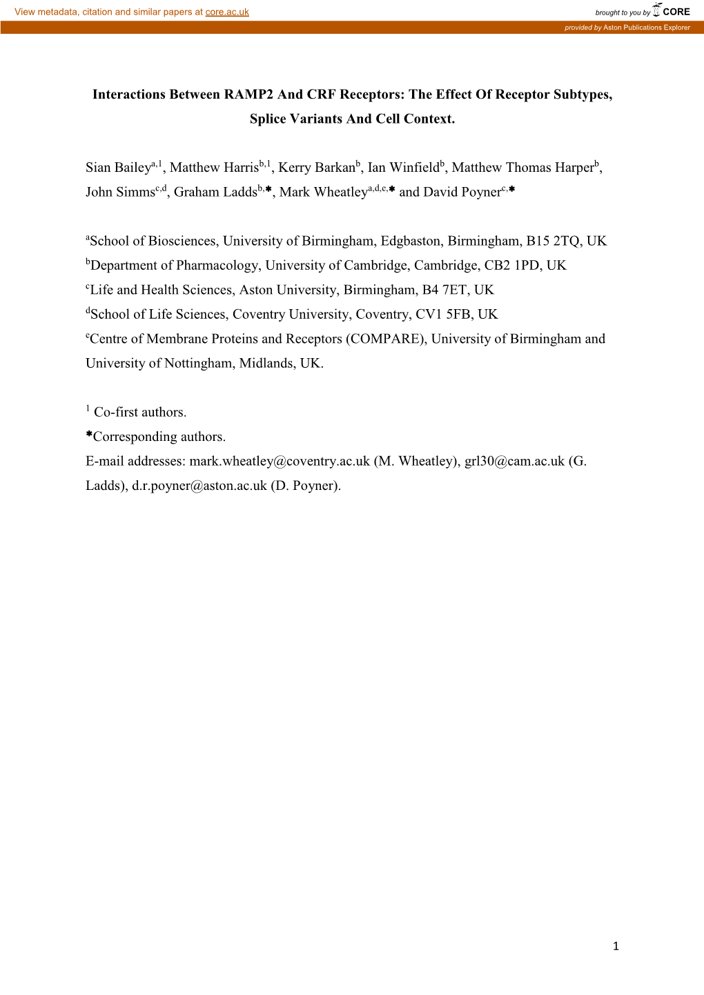 Interactions Between RAMP2 and CRF Receptors: the Effect of Receptor Subtypes, Splice Variants and Cell Context