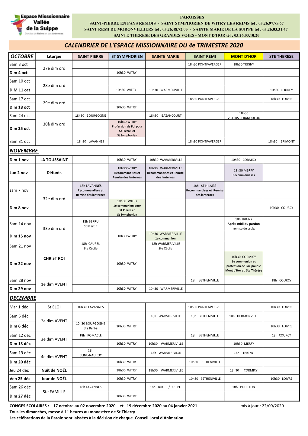 CALENDRIER DE L'espace MISSIONNAIRE DU 4E TRIMESTRE 2020