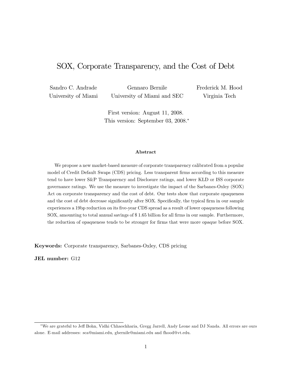 SOX, Corporate Transparency, and the Cost of Debt