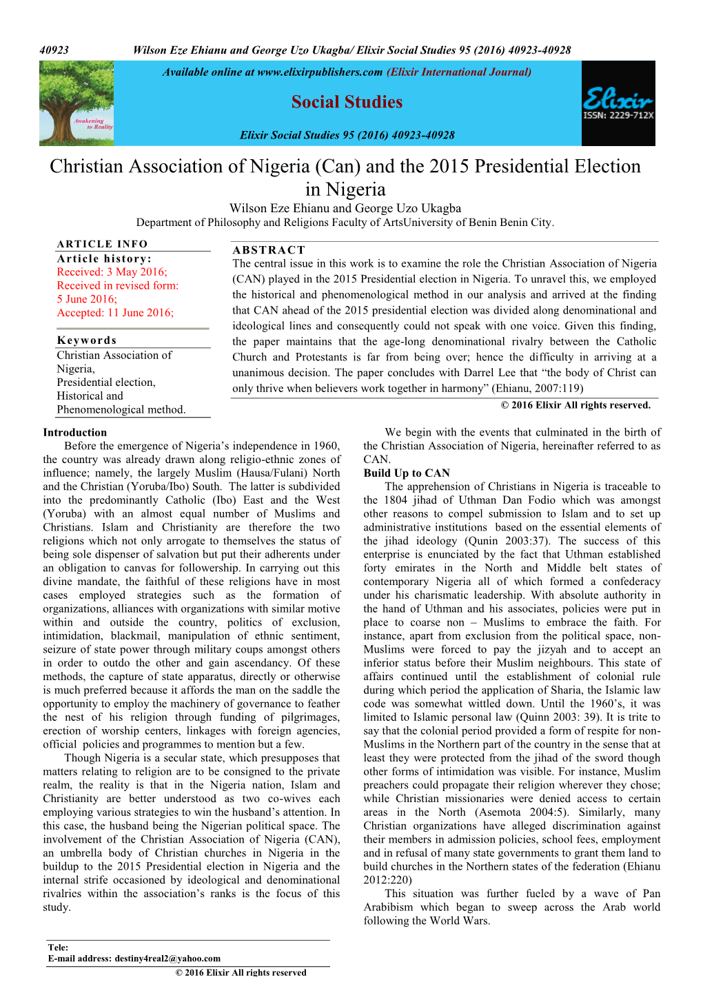 Christian Association of Nigeria (Can) and the 2015 Presidential Election in Nigeria