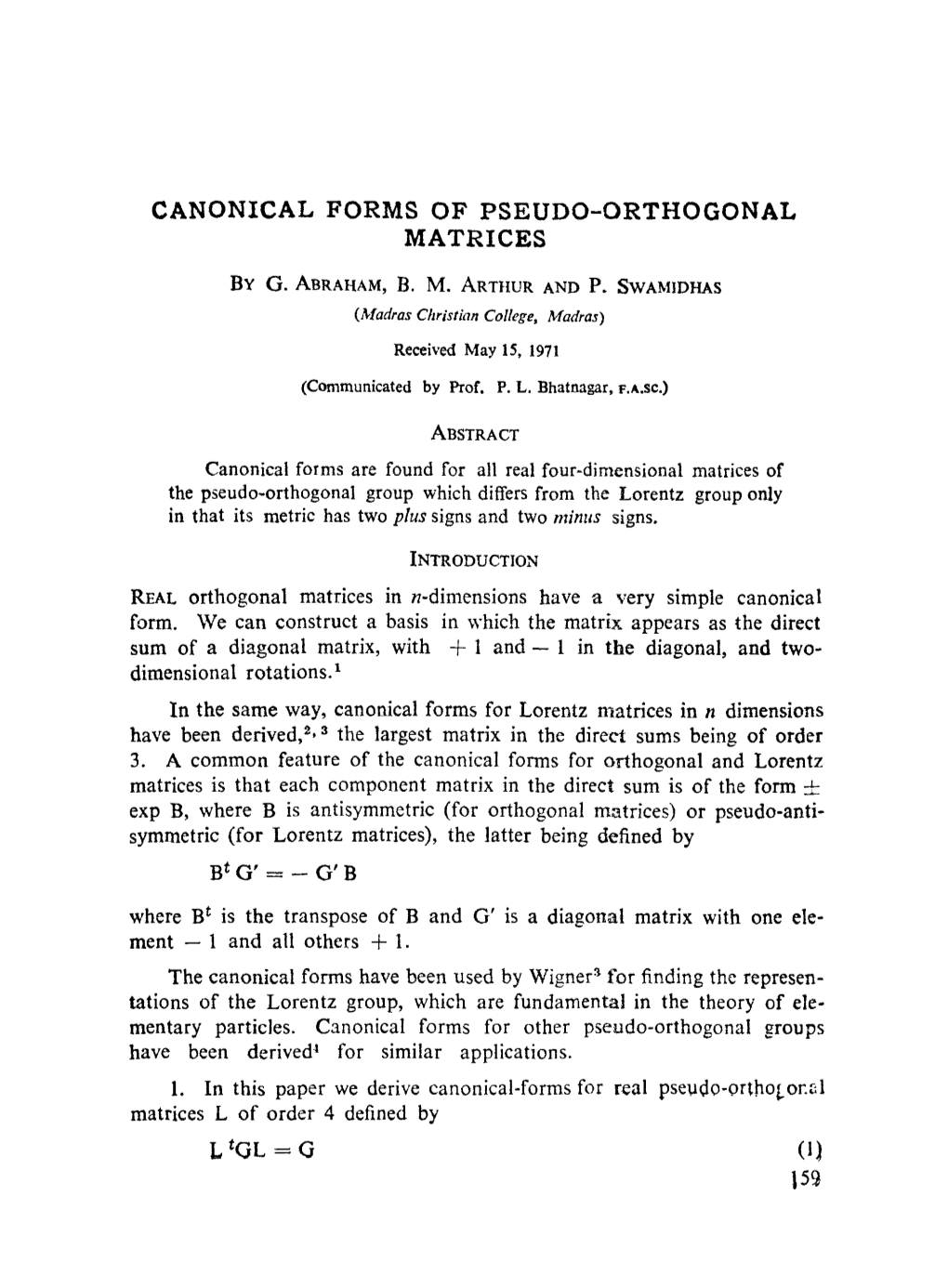 Canonical Forms of Pseudo-Orthogonal Matrices