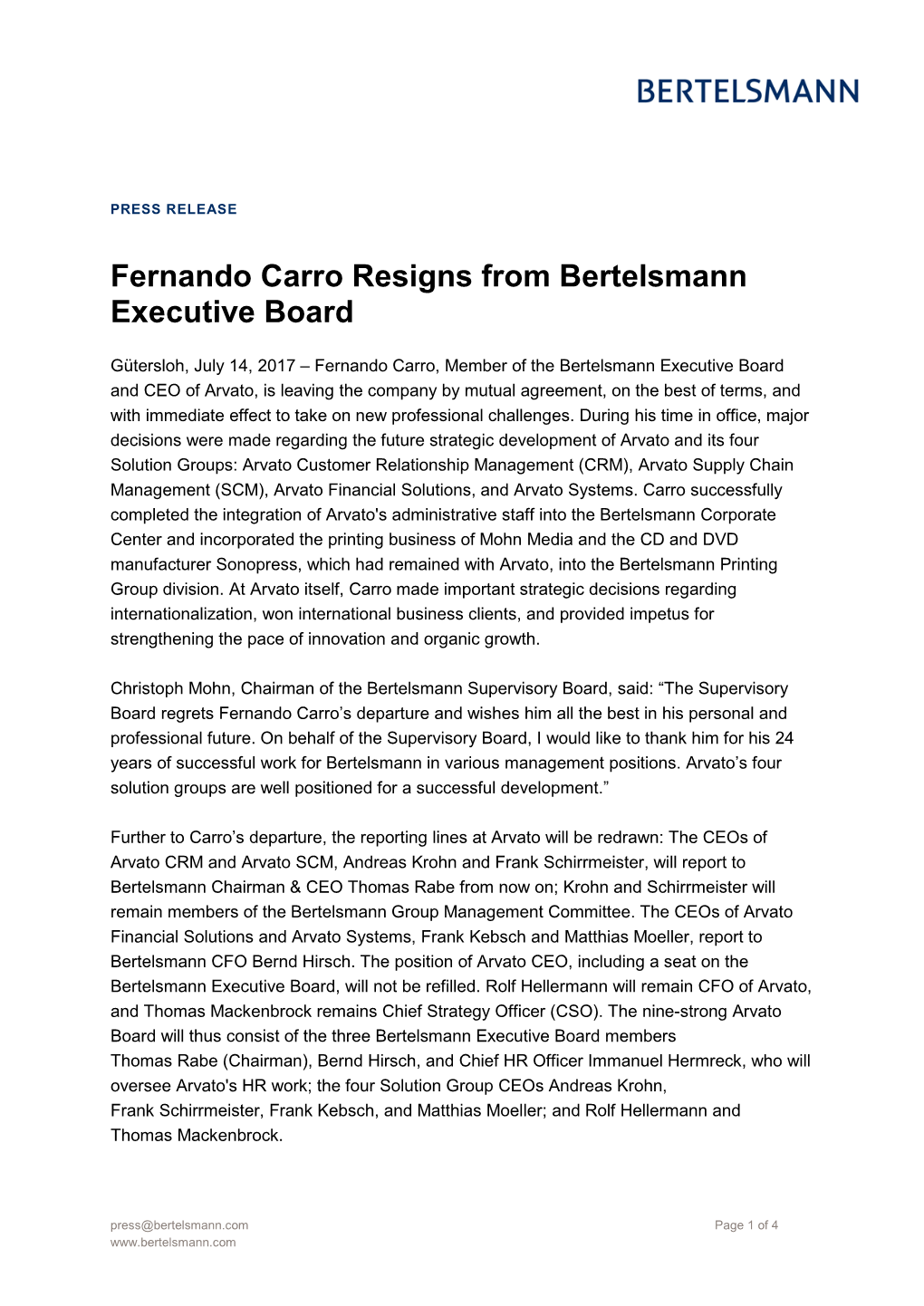 Fernando Carro Resigns from Bertelsmann Executive Board