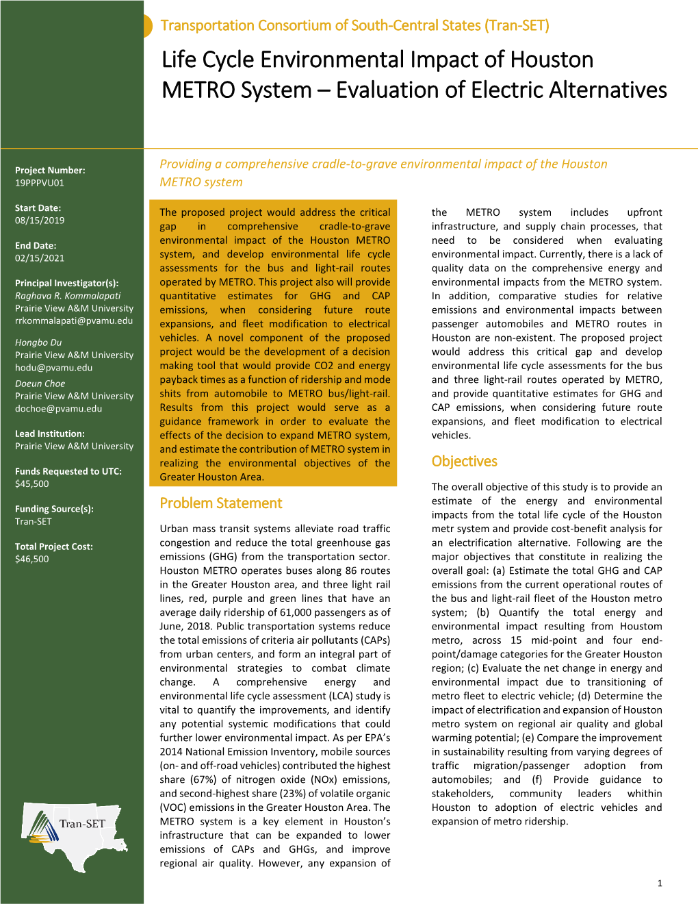 Life Cycle Environmental Impact of Houston METRO System – Evaluation of Electric Alternatives