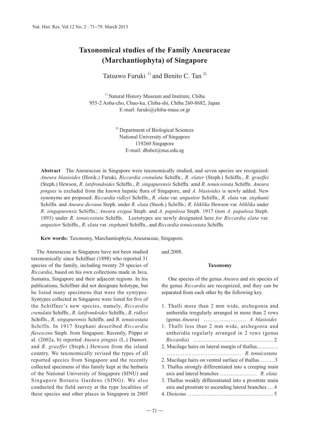 Taxonomical Studies of the Family Aneuraceae (Marchantiophyta) of Singapore