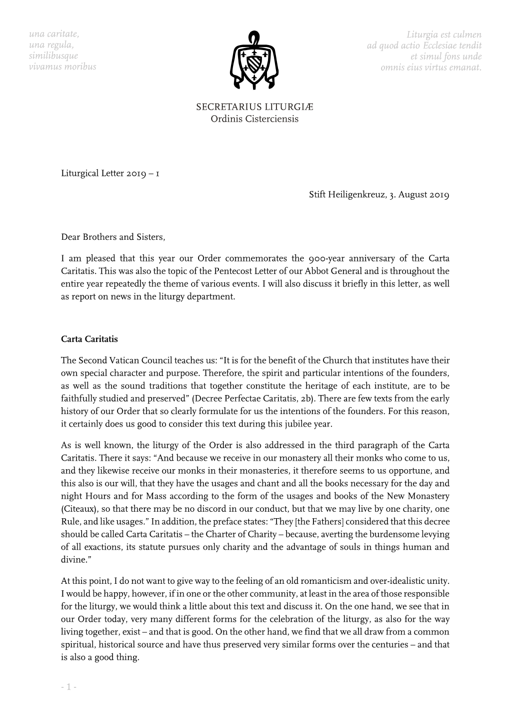 Liturgical Letter 2019 – 1 Stift Heiligenkreuz, 3. August