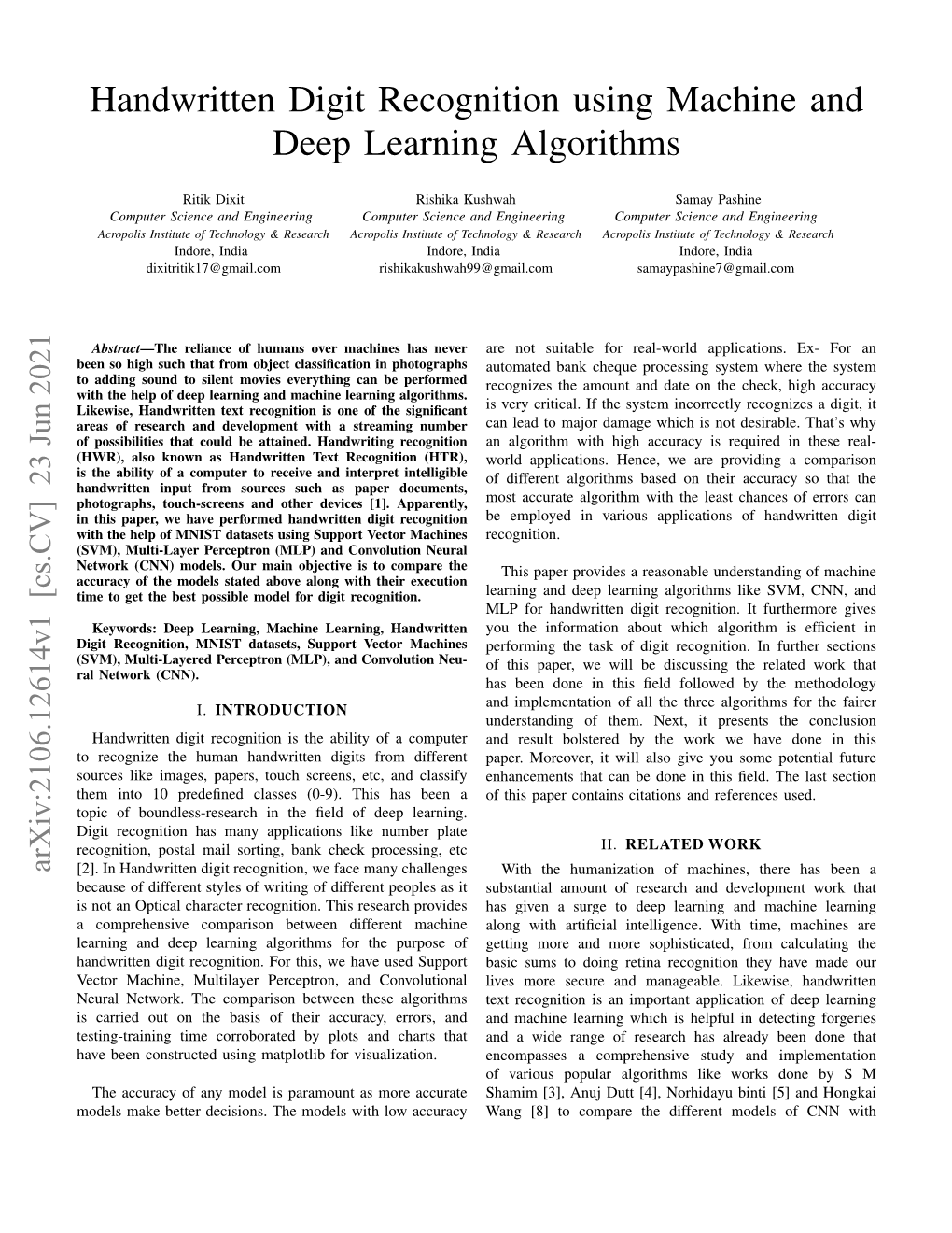 Handwritten Digit Recognition Using Machine and Deep Learning Algorithms