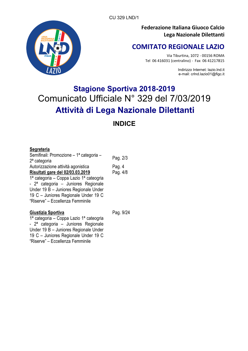 Comunicato Ufficiale N° 329 Del 7/03/2019 Attività Di Lega Nazionale Dilettanti INDICE