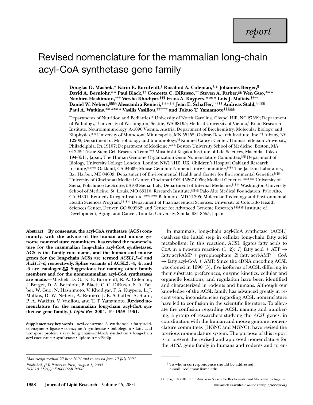 Revised Nomenclature for the Mammalian Long-Chain Acyl-Coa Synthetase Gene Family