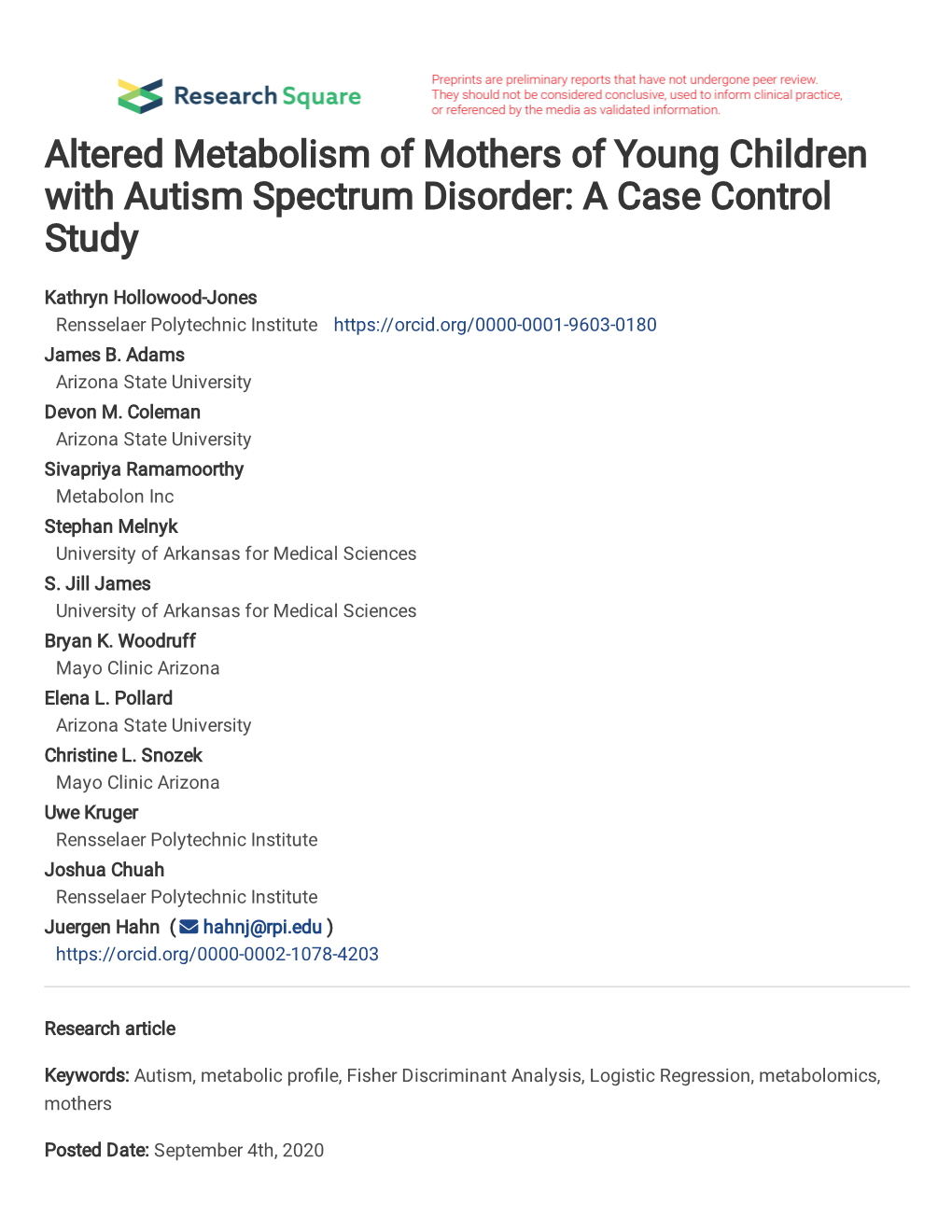 Metbolomics of Mothers of Children with Autism Spectrum Disorder 1