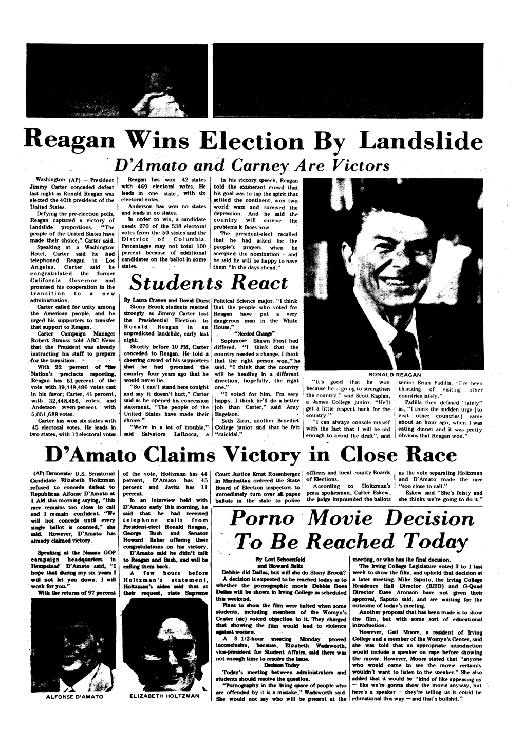 Carney a Re Victors - Washington (AP) - President Reagan Has Won 42 States in His Victory Speech, Reagan Jimmy Carter Conceded Defeat with 469 Electoral Votes