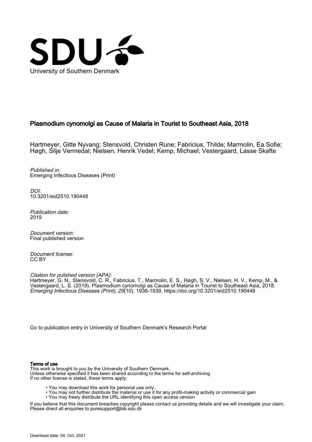 University of Southern Denmark Plasmodium Cynomolgi As Cause Of