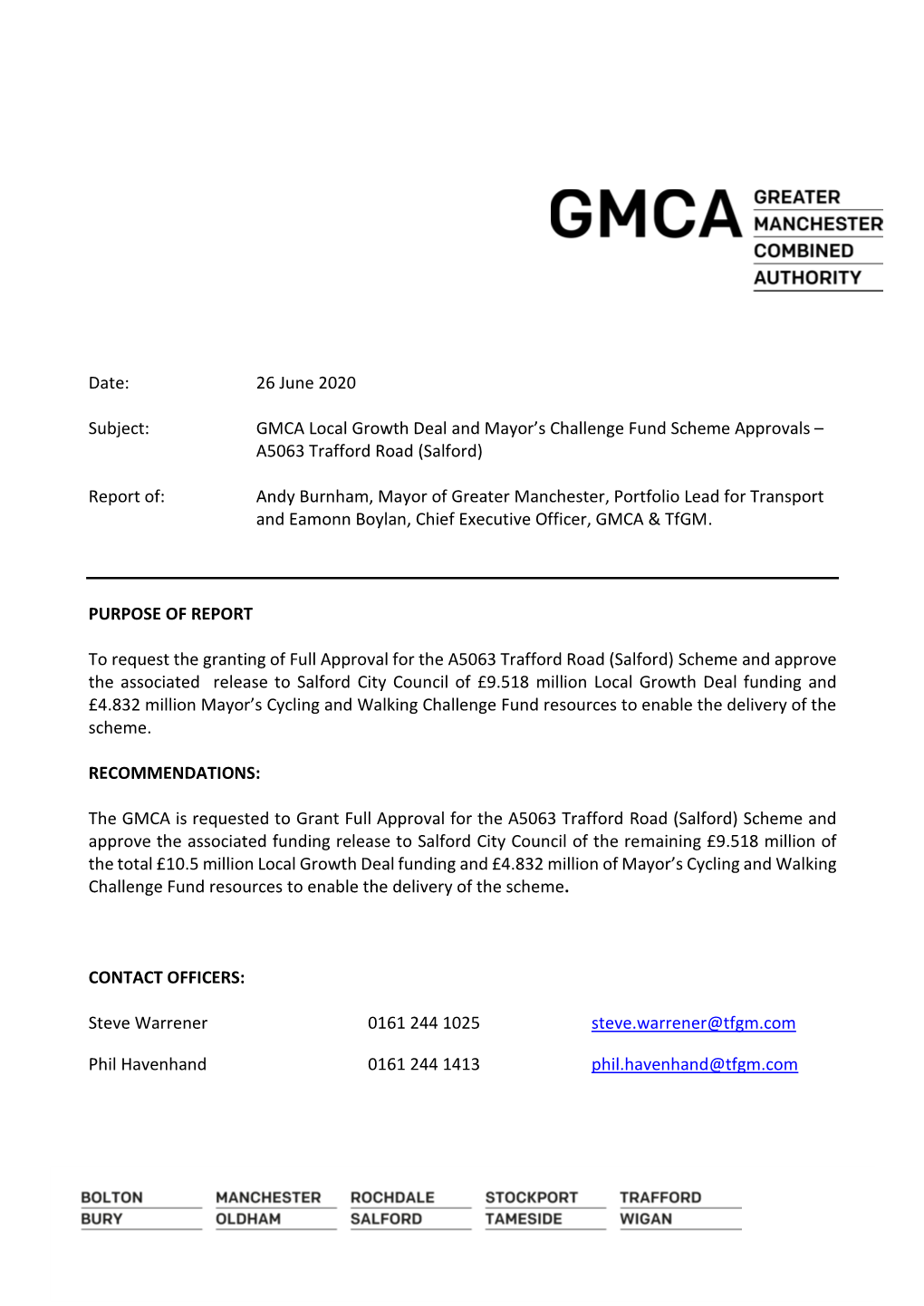 GMCA Local Growth Deal and Mayor's Challenge Fund Scheme Approvals