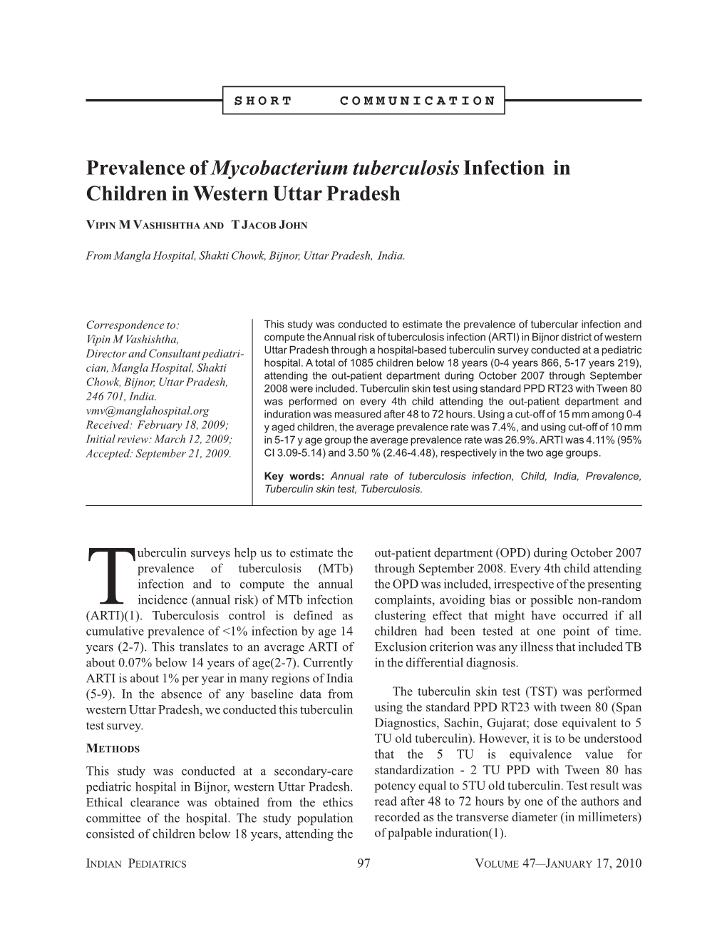 Prevalence of Mycobacterium Tuberculosisinfection in Children In