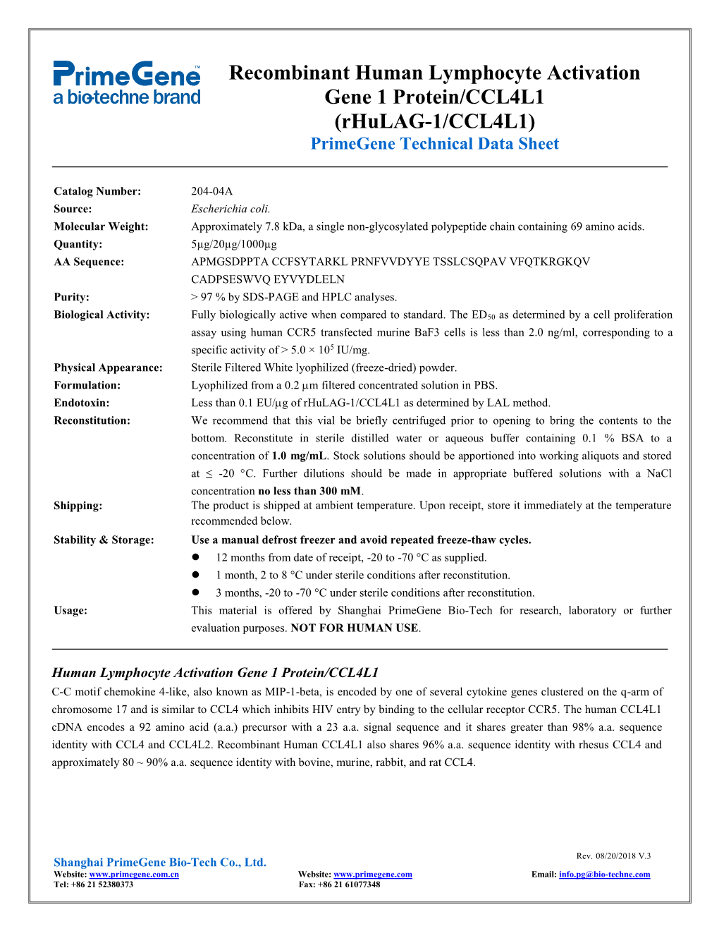 Recombinant Human Lymphocyte Activation Gene 1 Protein/CCL4L1 (Rhulag-1/CCL4L1) Primegene Technical Data Sheet