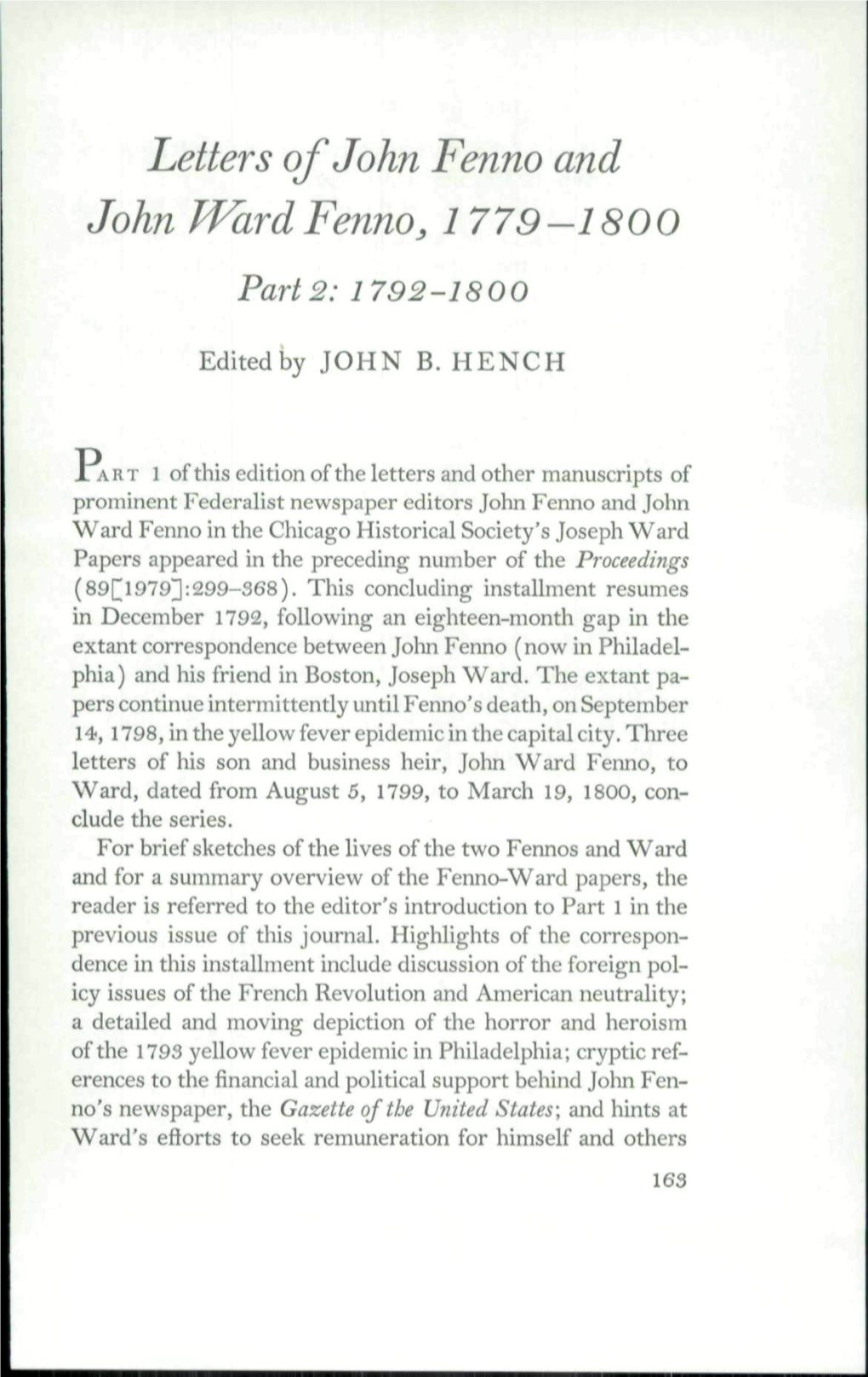 Letters of John Fenno and John Wardfenno, 1779-1800