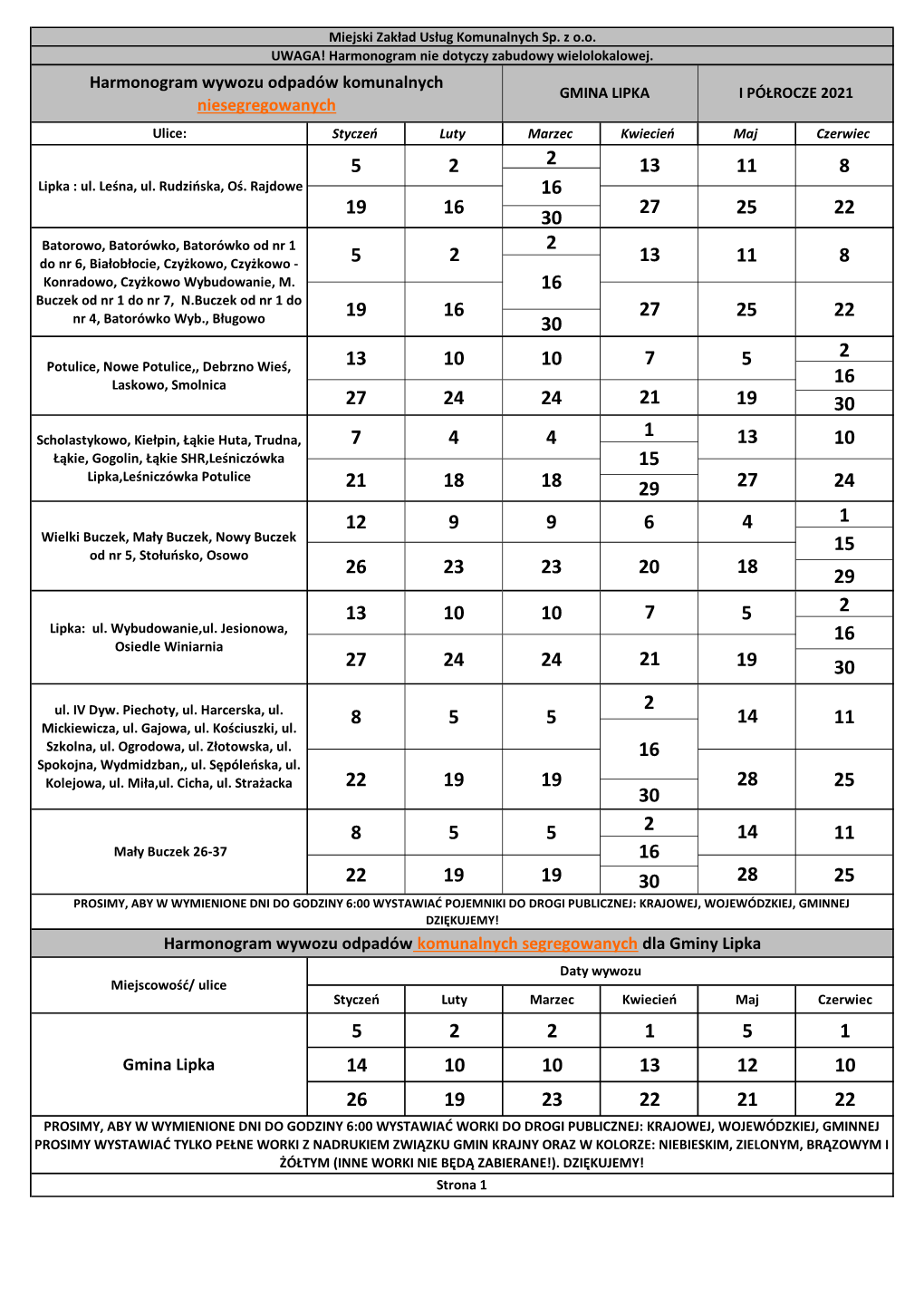 Harmonogram Wywozu Odpadów Komunalnych Niesegregowanych Harmonogram Wywozu Odpadów Komunalnych Segregowanych Dla Gminy Lipka G