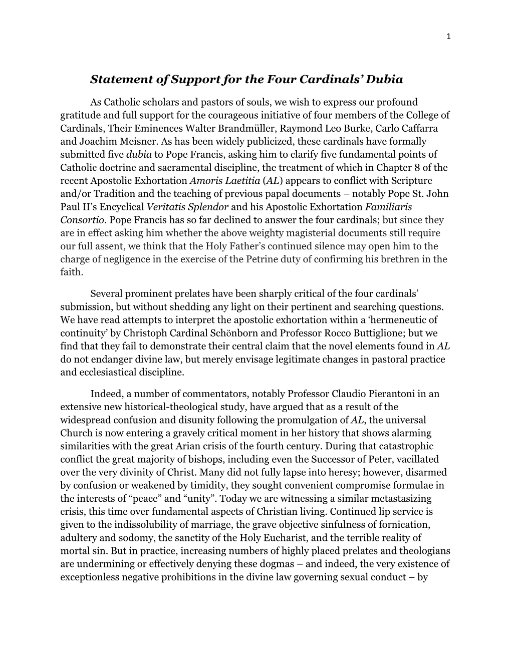 Statement of Support for the Four Cardinals' Dubia