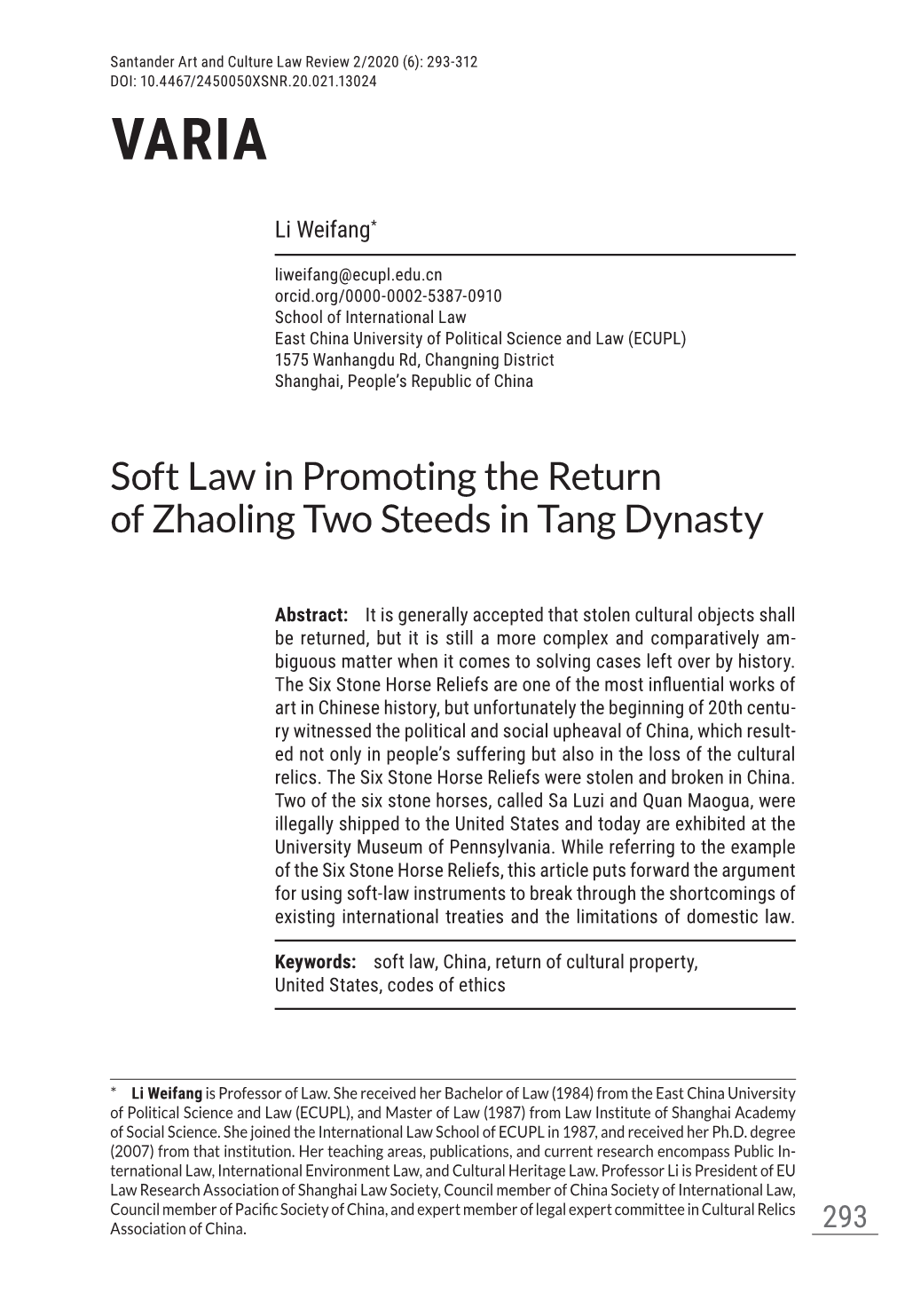 Soft Law in Promoting the Return of Zhaoling Two Steeds in Tang Dynasty