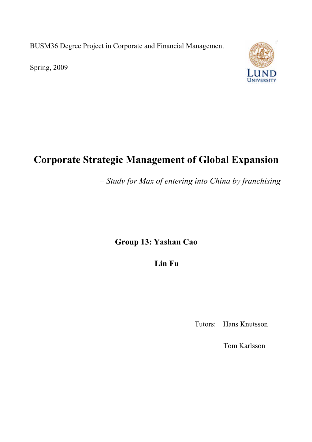 Corporate Strategic Management of Global Expansion