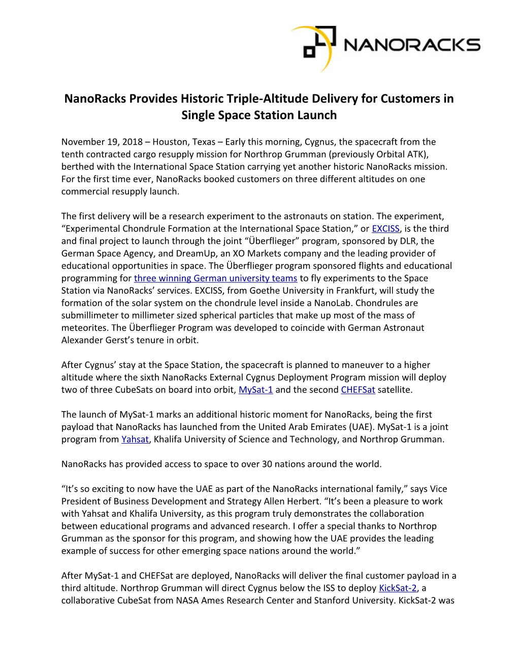 Nanoracks Provides Historic Triple-Altitude Delivery for Customers in Single Space Station Launch