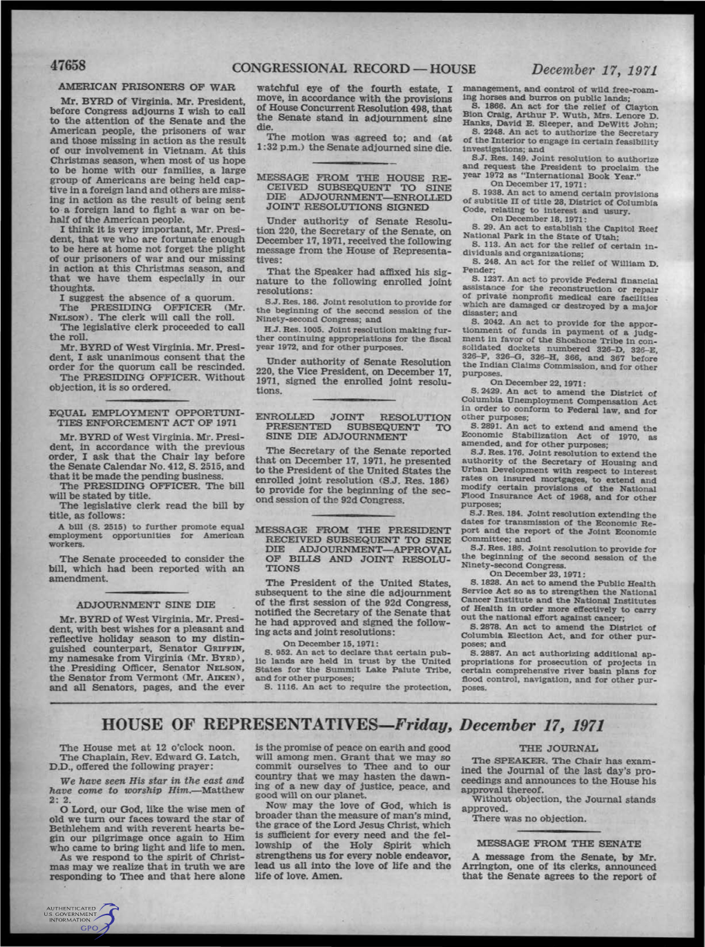 HOUSE of REPRESENTATIVES-Friday, December 17, 1971 the House Met at 12 O'clock Noon