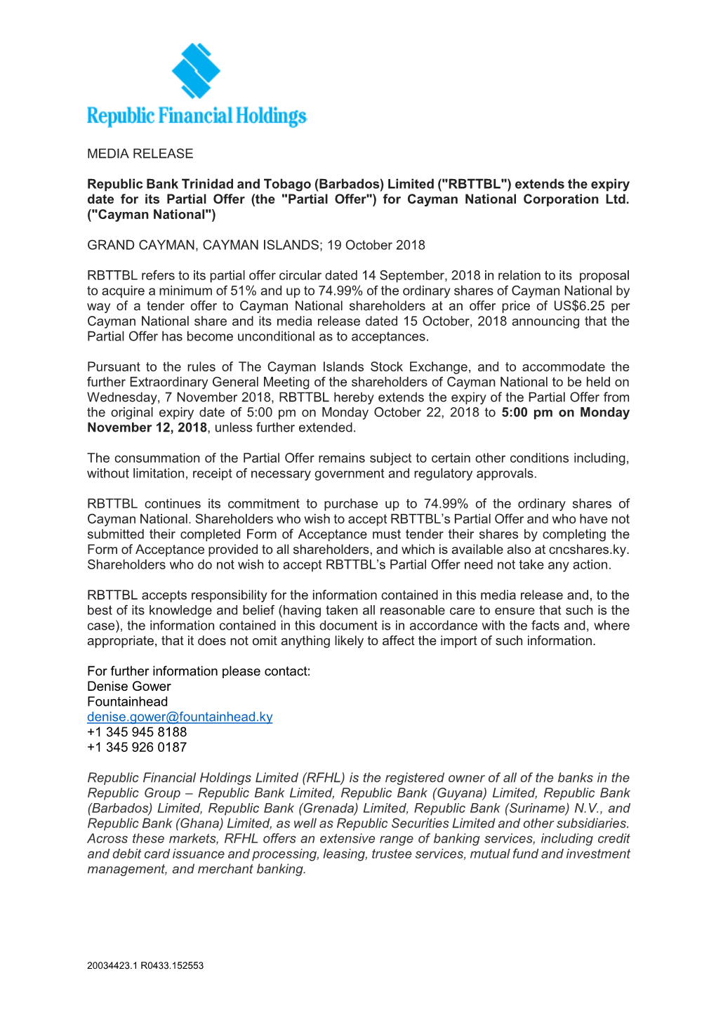 MEDIA RELEASE Republic Bank Trinidad