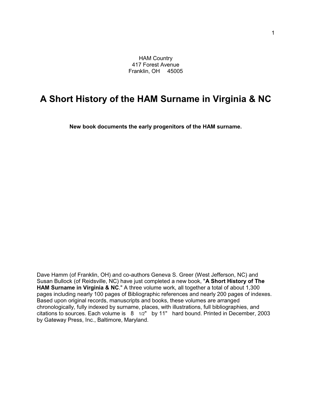 A Short History of the HAM Surname in Virginia & NC