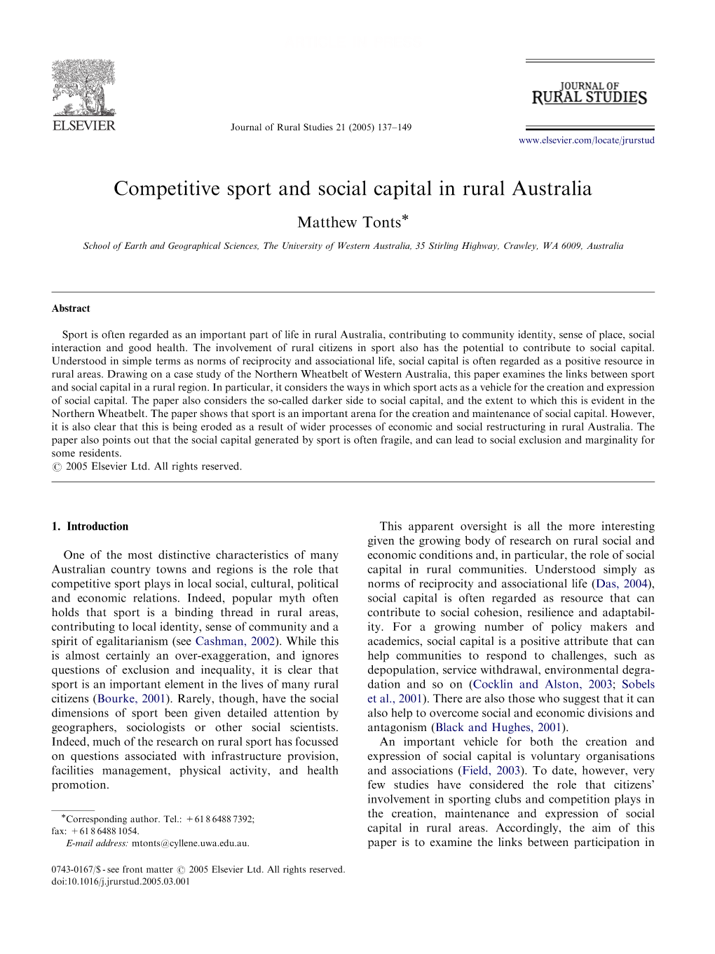 Competitive Sport and Social Capital in Rural Australia