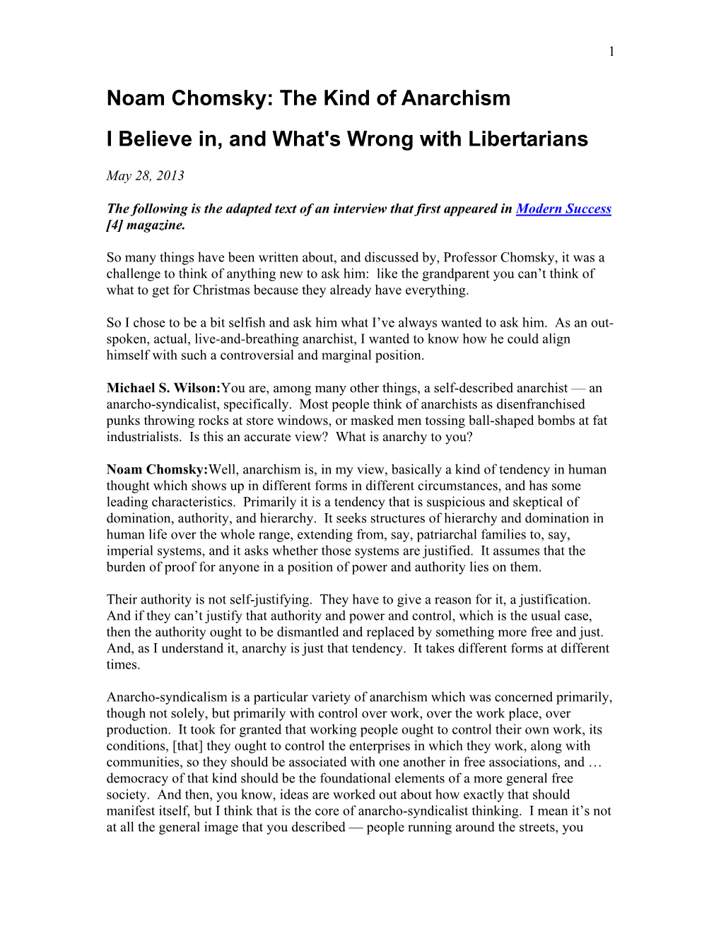 Noam Chomsky: the Kind of Anarchism I Believe In, and What's Wrong with Libertarians