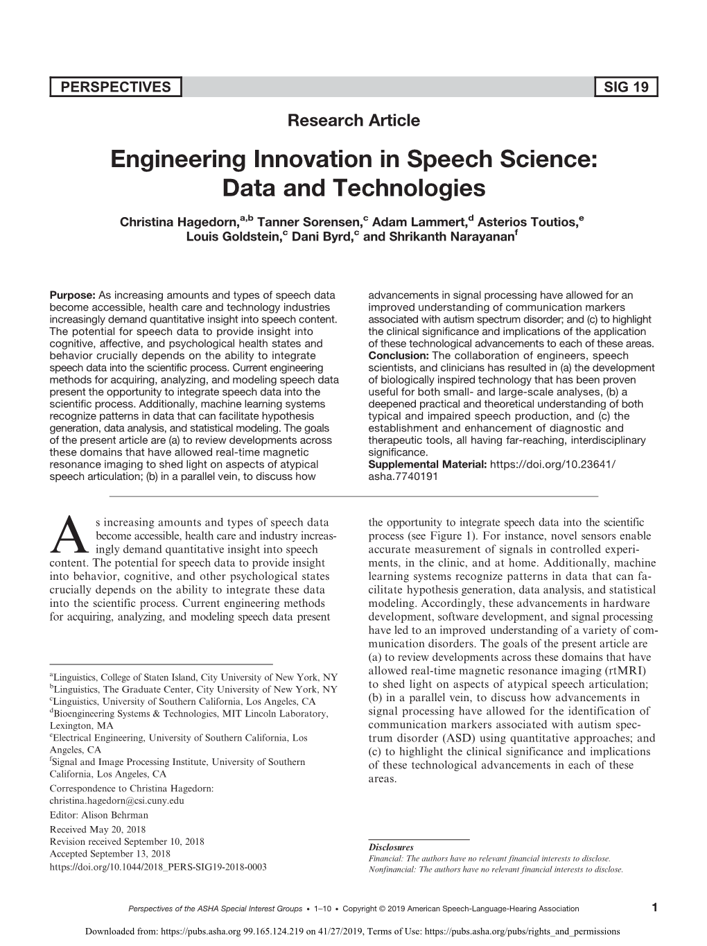 Engineering Innovation in Speech Science: Data and Technologies