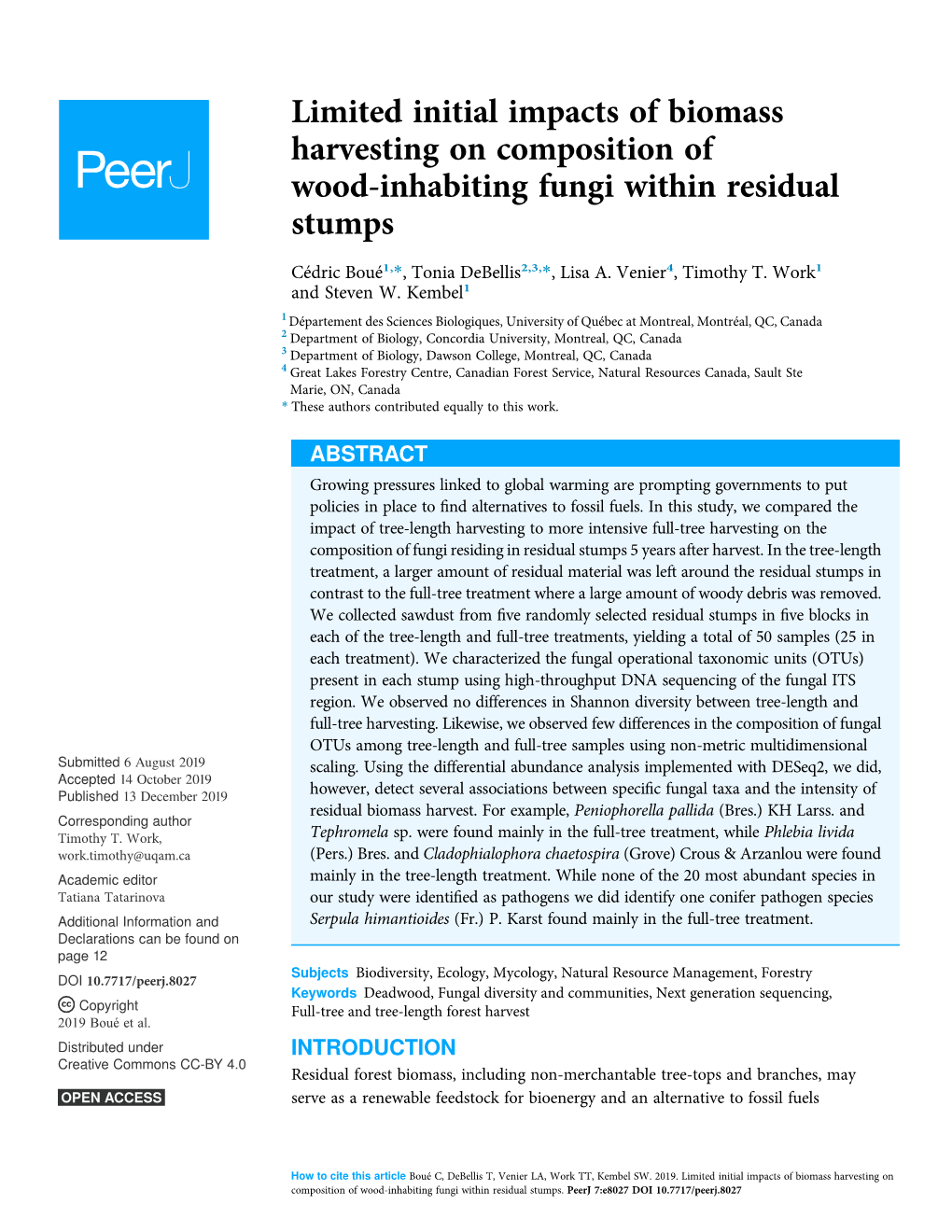 Limited Initial Impacts of Biomass Harvesting on Composition of Wood-Inhabiting Fungi Within Residual Stumps