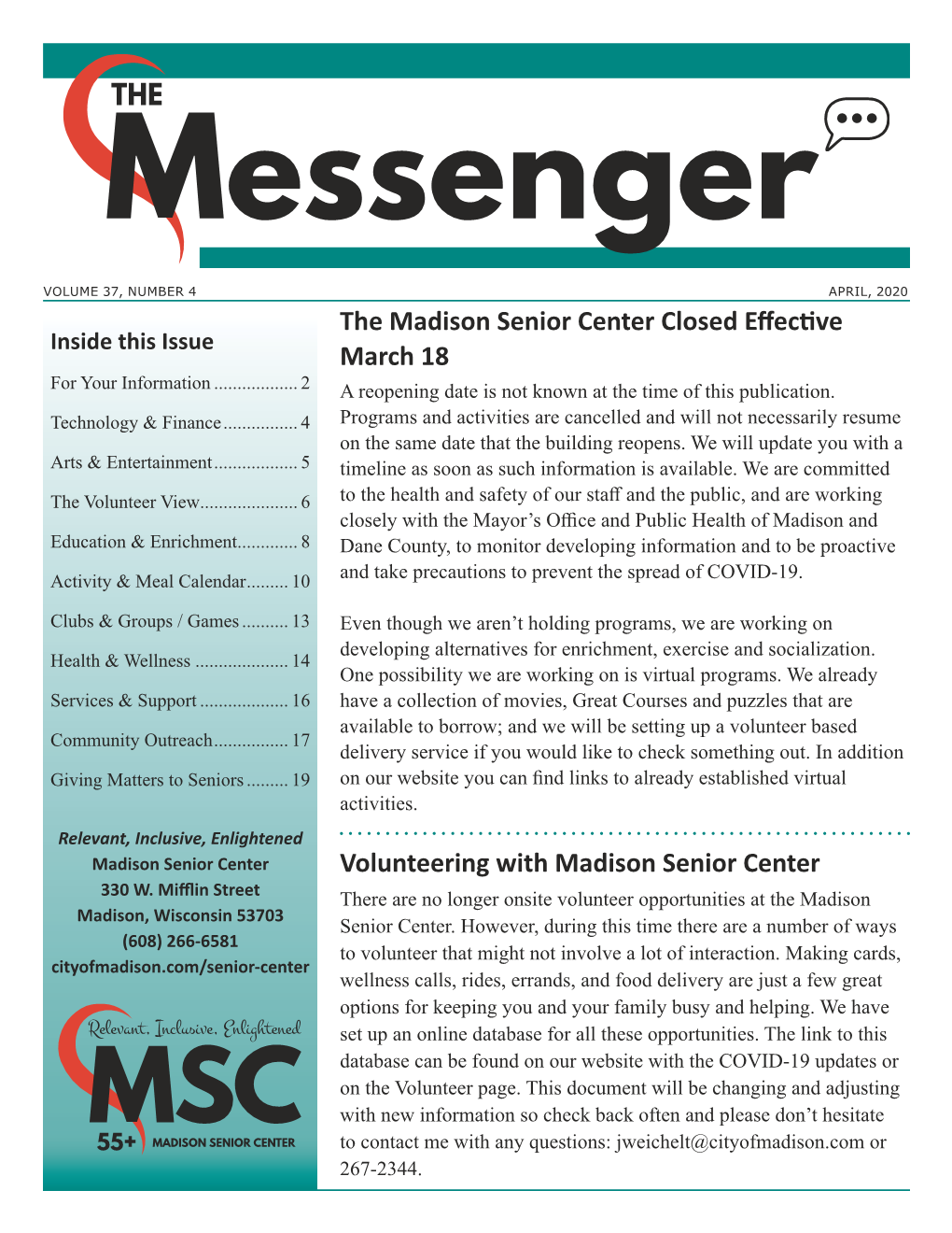 The Madison Senior Center Closed Effective March 18 Volunteering