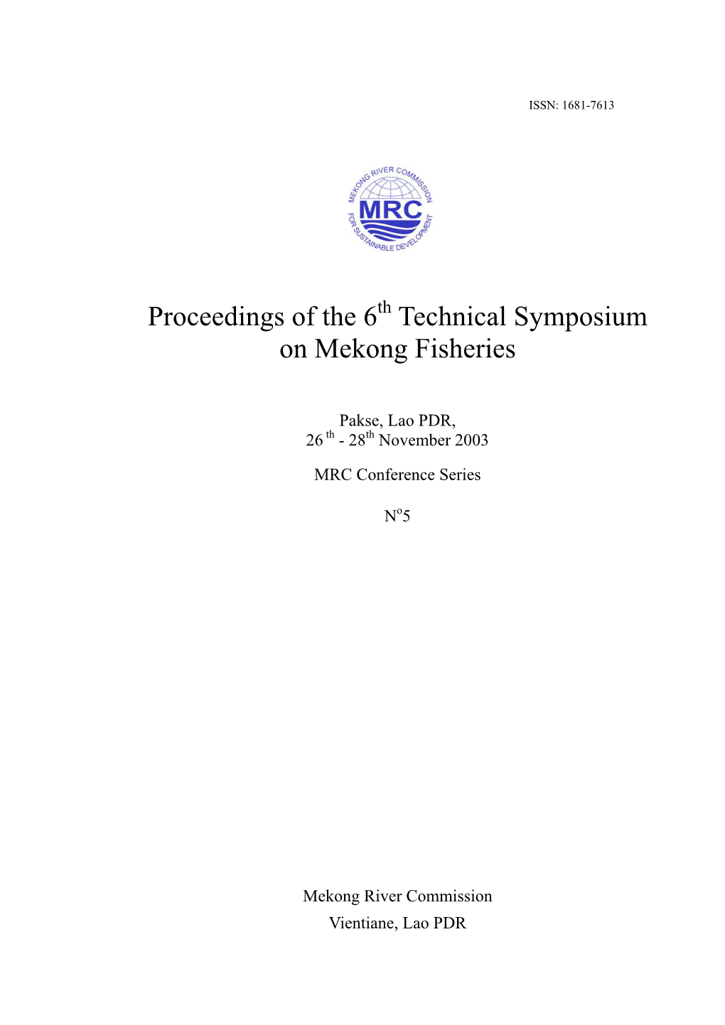 6Th Technical Symposium on Mekong Fisheries