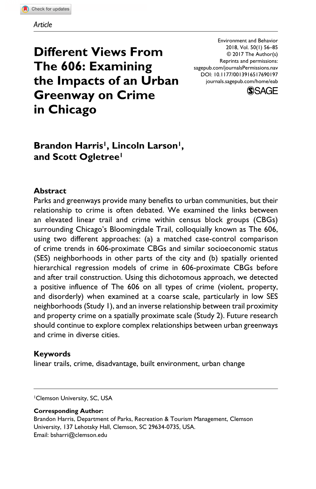 Examining the Impacts of an Urban Greenway on Crime in Chicago