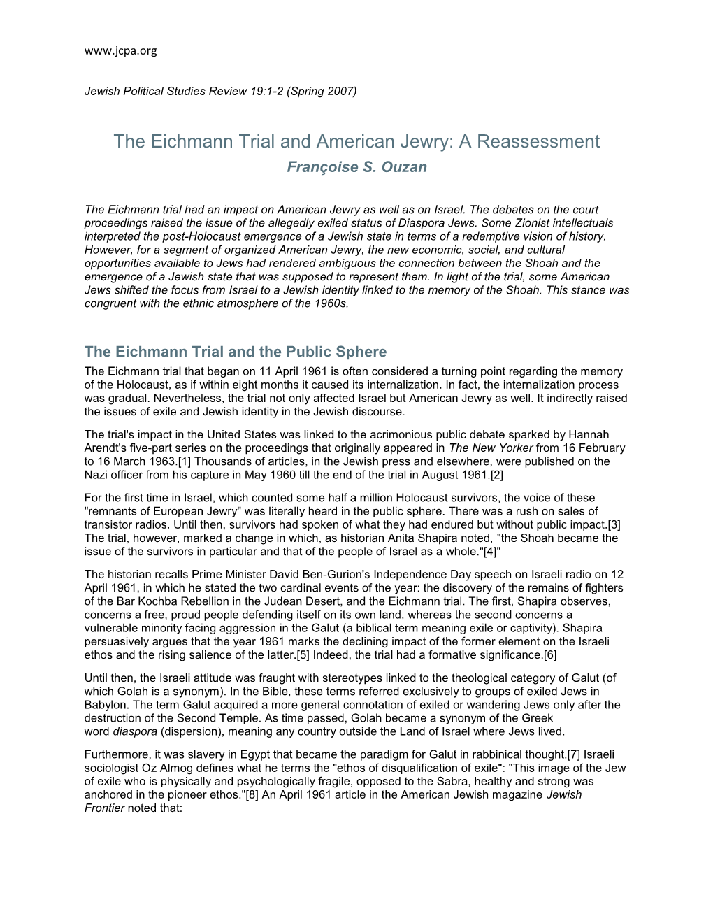 The Eichmann Trial and American Jewry: a Reassessment Françoise S