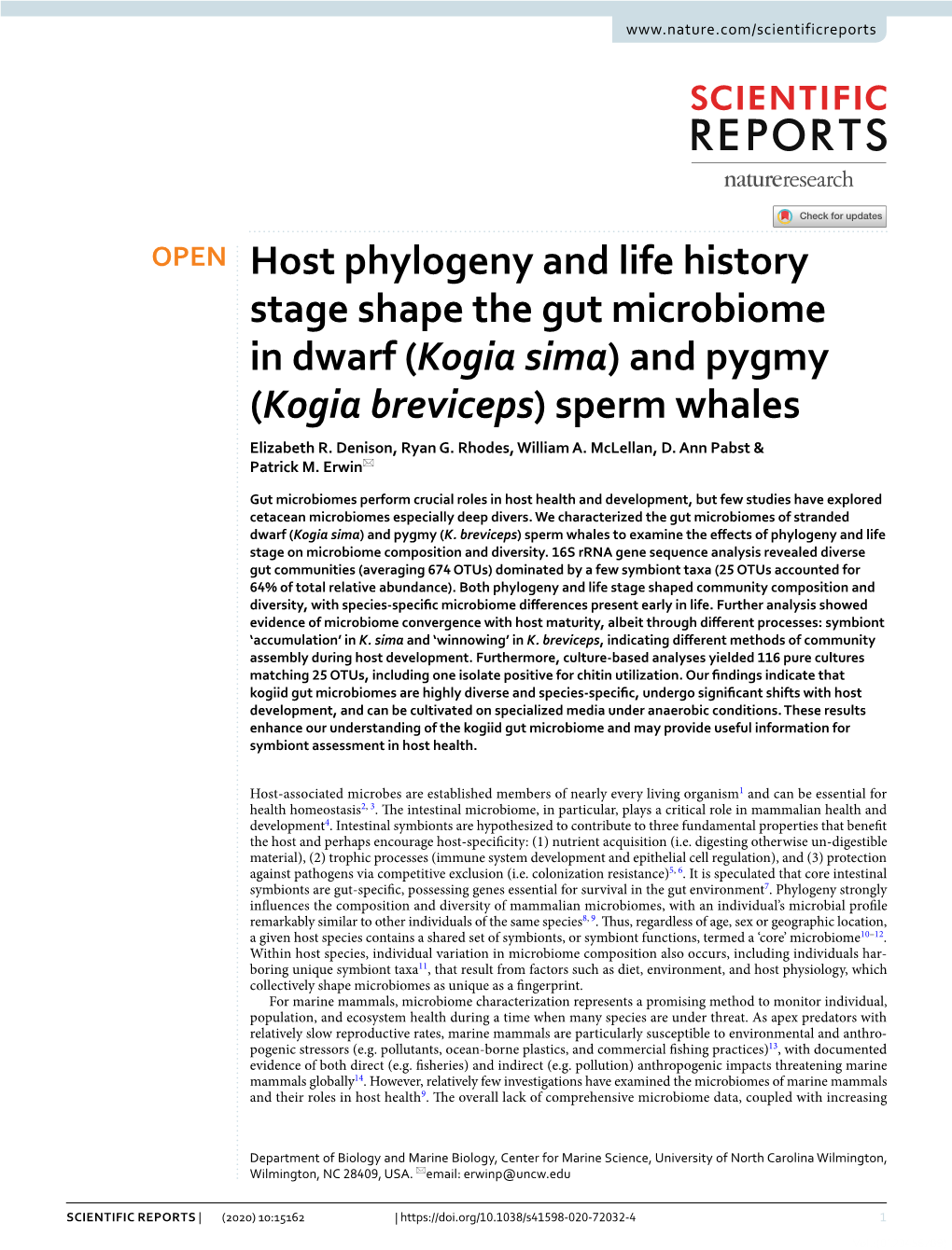 Host Phylogeny and Life History Stage Shape the Gut Microbiome in Dwarf (Kogia Sima) and Pygmy (Kogia Breviceps) Sperm Whales Elizabeth R