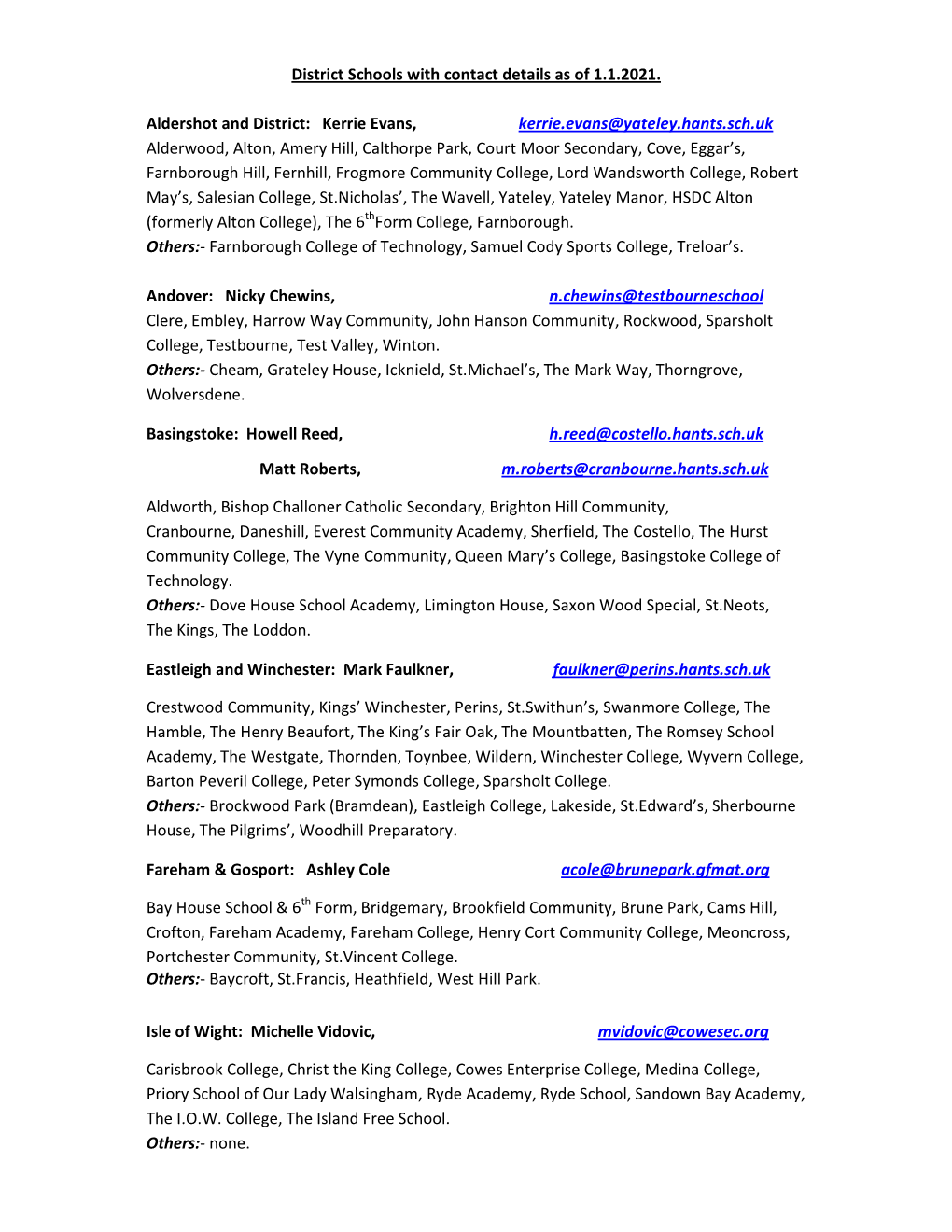 District Schools with Contact Details As of 1.1.2021. Aldershot and District