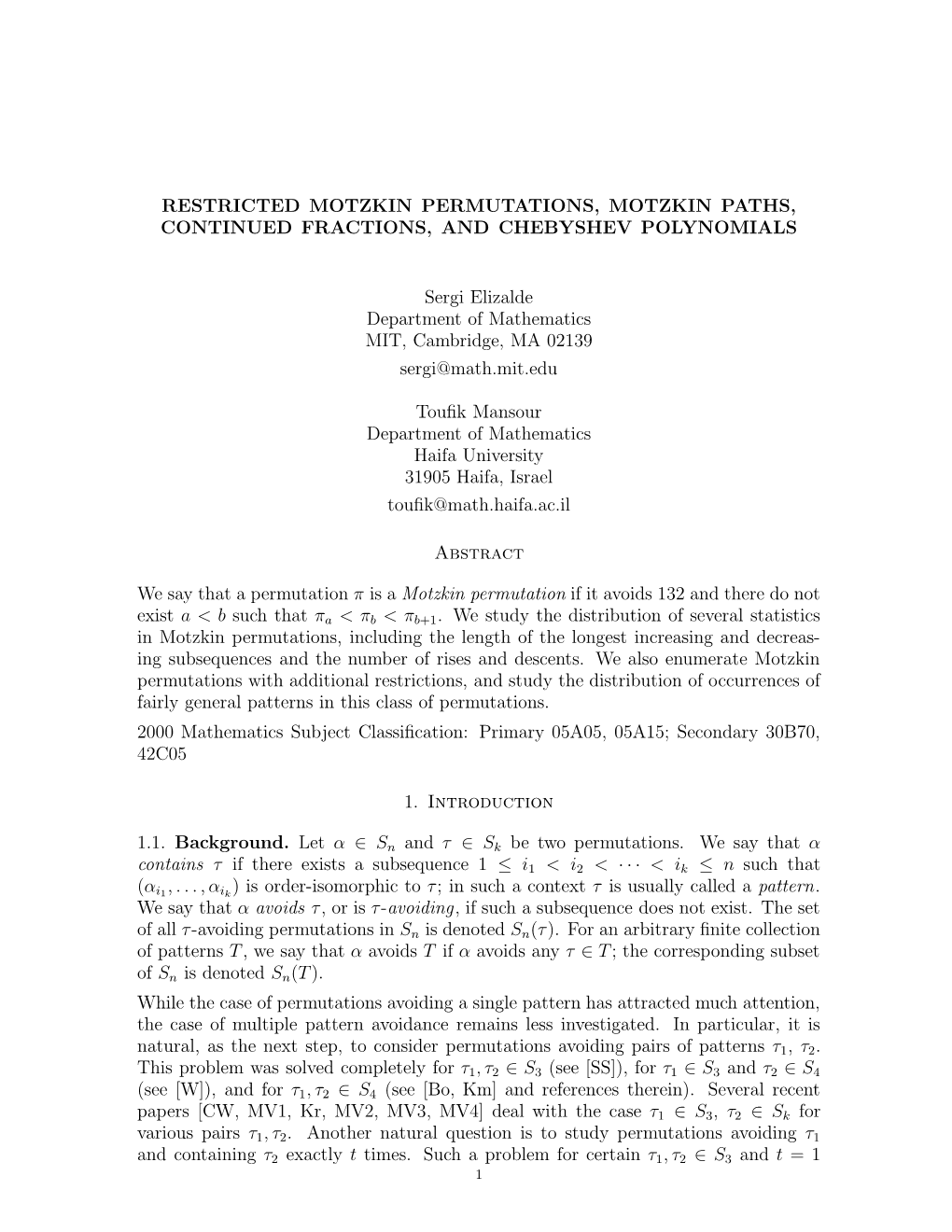 Restricted Motzkin Permutations, Motzkin Paths, Continued Fractions, and Chebyshev Polynomials