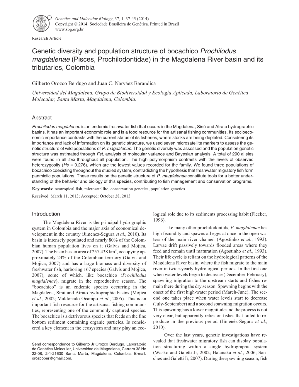 Genetic Diversity and Population Structure of Bocachico Prochilodus Magdalenae (Pisces, Prochilodontidae) in the Magdalena River Basin and Its Tributaries, Colombia