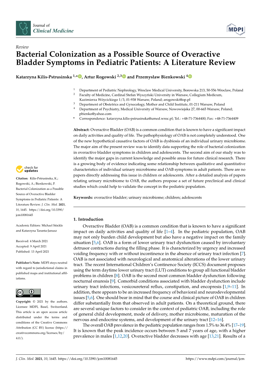 Bacterial Colonization As a Possible Source of Overactive Bladder Symptoms in Pediatric Patients: a Literature Review