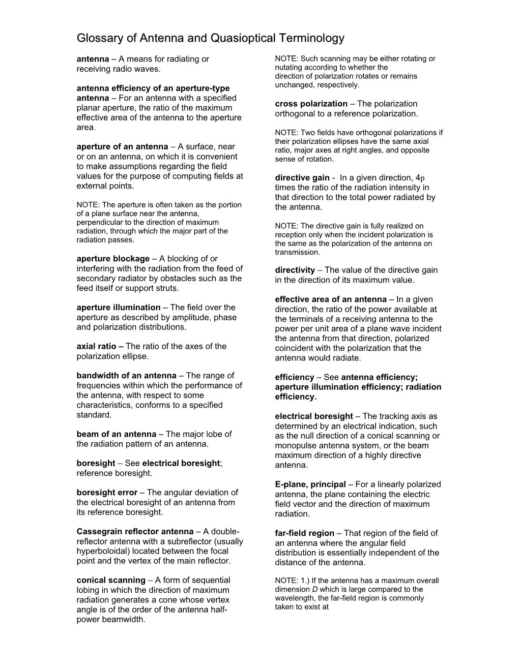 Glossary of Antenna and Quasioptical Terminology Antenna – a Means for Radiating Or NOTE: Such Scanning May Be Either Rotating Or Receiving Radio Waves