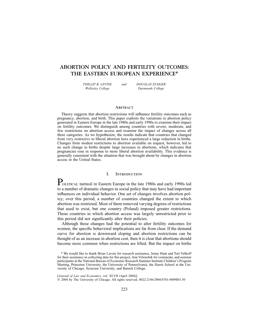 Abortion Policy and Fertility Outcomes: the Eastern European Experience*