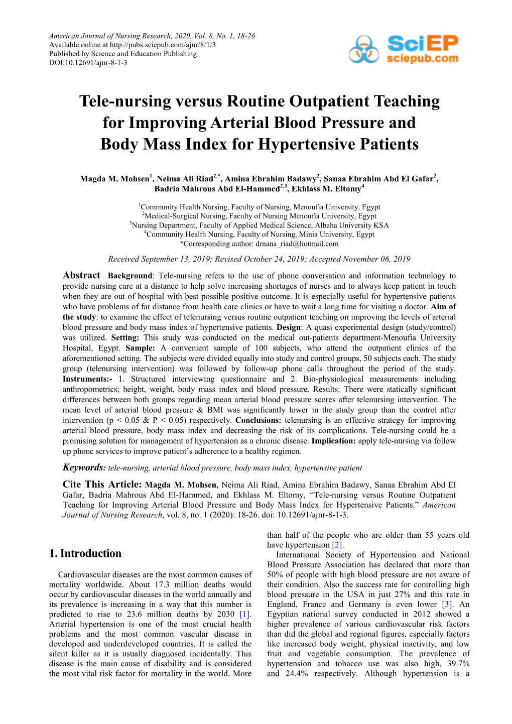 Tele-Nursing Versus Routine Outpatient Teaching for Improving Arterial Blood Pressure and Body Mass Index for Hypertensive Patients