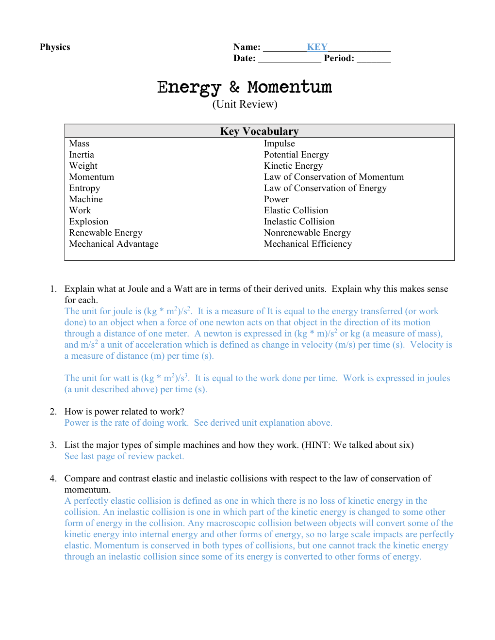 Energy & Momentum Review (Key)