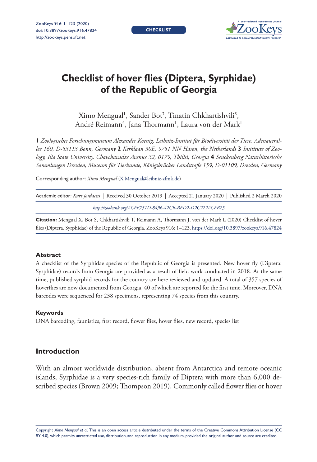 Diptera, Syrphidae) of the Republic of Georgia