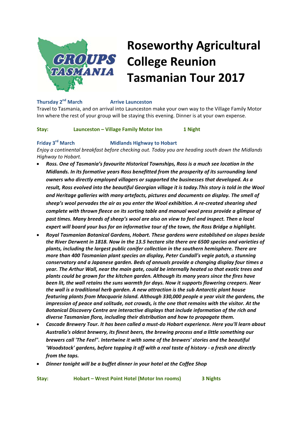 Roseworthy Agricultural College Reunion Tasmanian Tour 2017