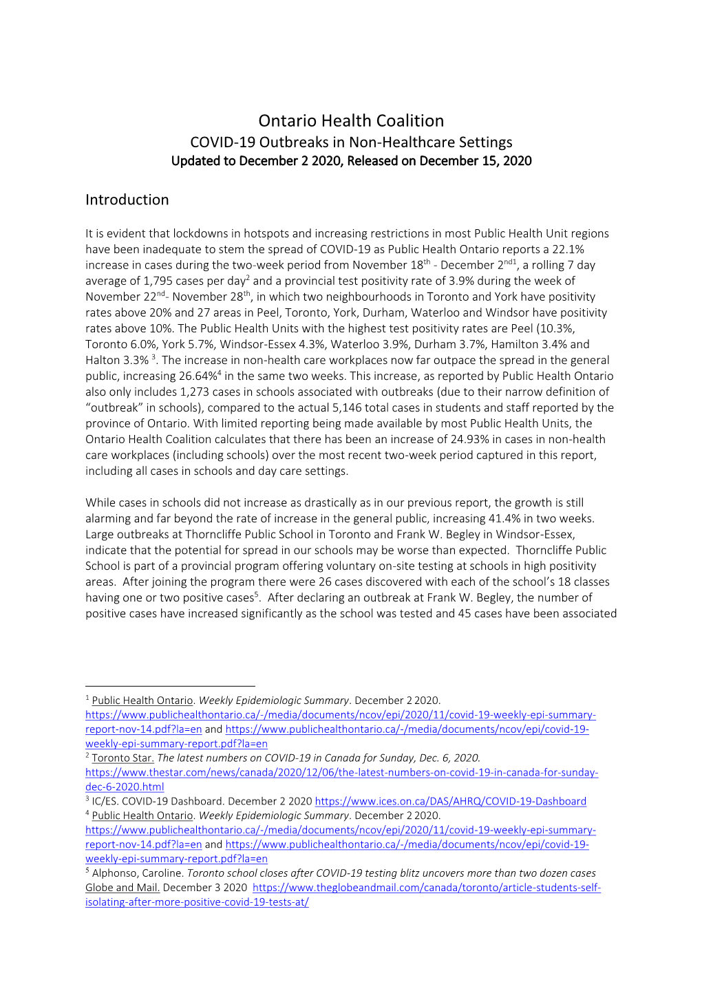 Ontario Health Coalition COVID-19 Outbreaks in Non-Healthcare Settings Updated to December 2 2020, Released on December 15, 2020