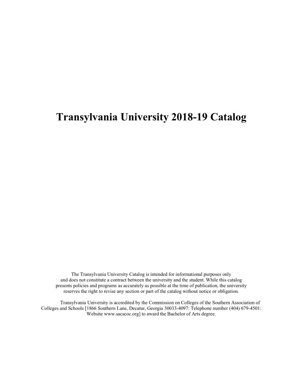 Transylvania University 2018-19 Catalog